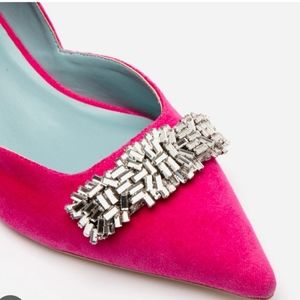 France Valentine pink suede block heel shoes with dust shoe bag